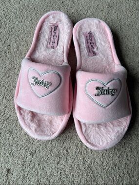 Juicy Couture Baby Pink Plush Heart Slide Slippers